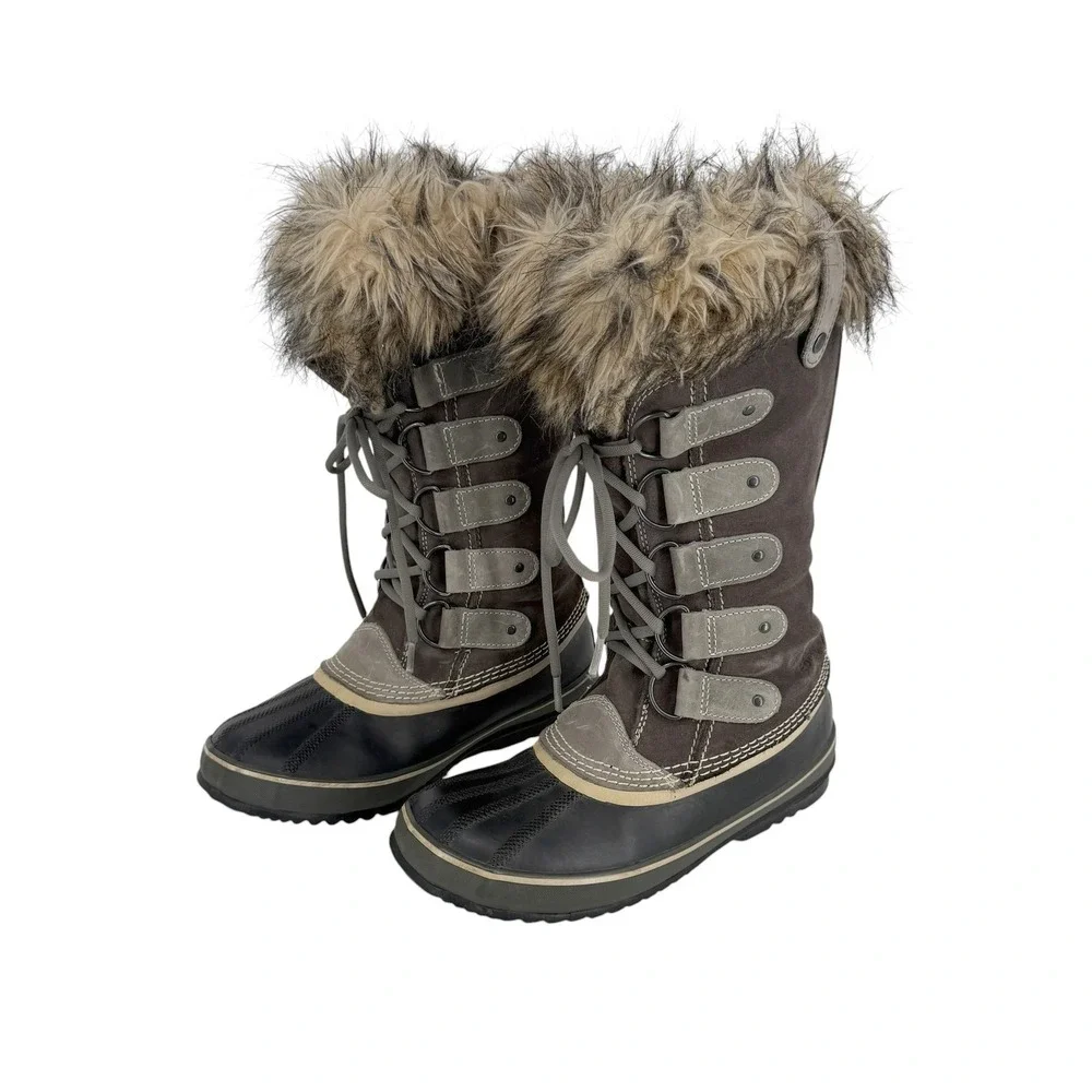 Sorel Joan of Arctic Tall Winter Boots Women 8 39 Waterproof Faux Fur Snow Gray
